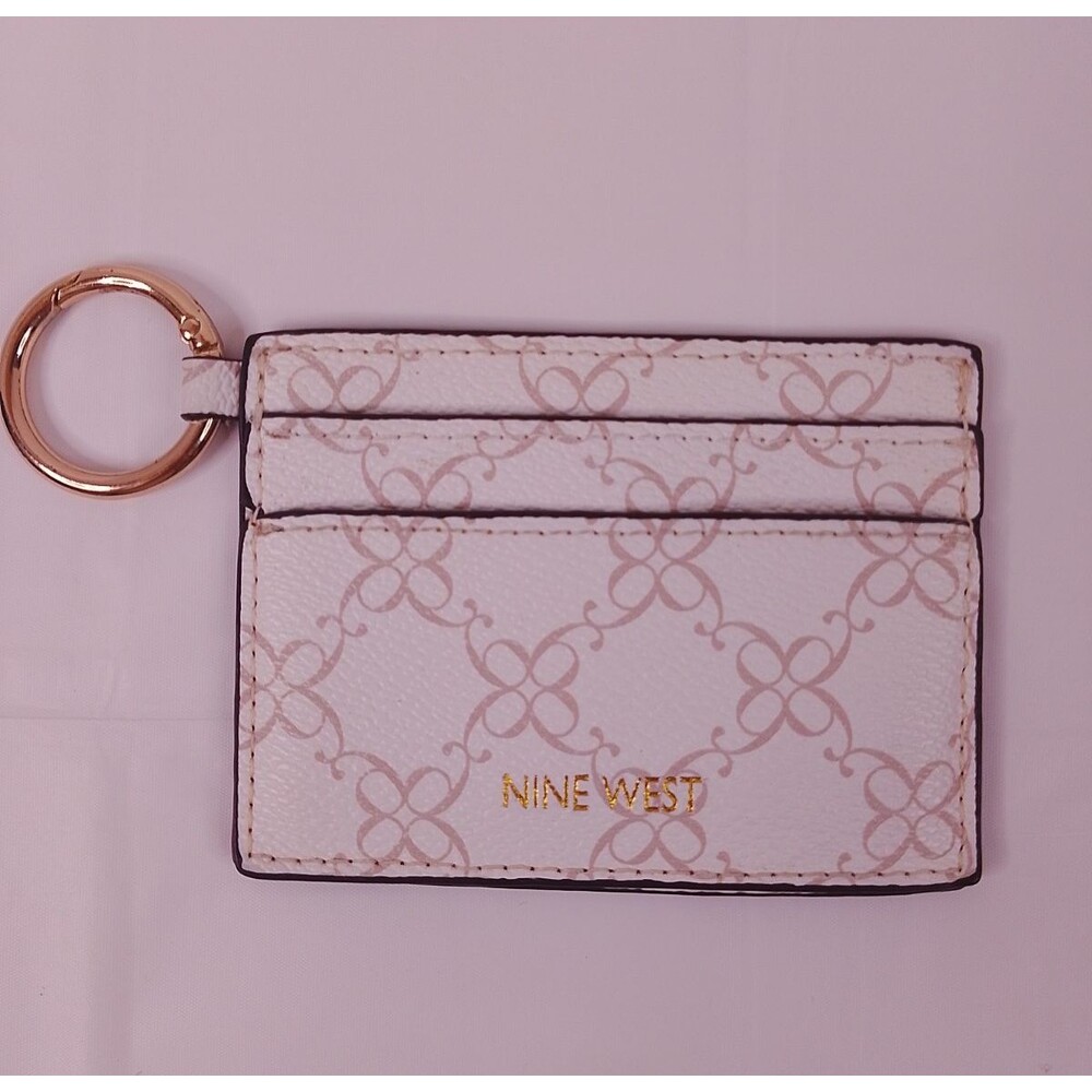 Nine West Monogram Card Wallet ID Holder White Faux Leather Keychain Ring